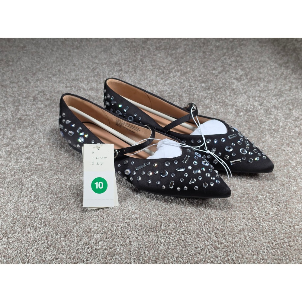 A New Day Gabriella Rhinestone Mary Jane Flats Jet Black Satin Pointed Toe 10